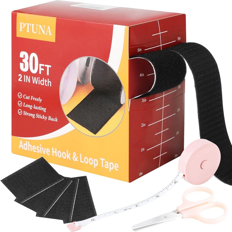 PTUNA 30Ft *2 Inch Hook and Loop Tape with Adhesive Back, Heavy Duty Double Sided Adhesive Strips, Strong Sticky Strips Roll for Home/Office/School/Car, Black - Image 1
